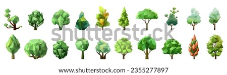 Set of abstract low poly tree icon isolated. Geometric forest polygonal style collection. Vector 3d low poly symbol. Stylized eco design element. Design for poster, flyer, cover, brochure.
