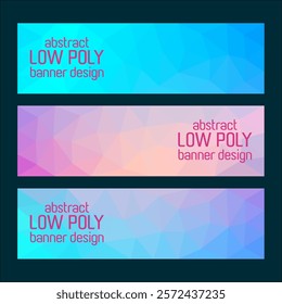 A set of abstract low-poly banner designs in pastel and gradient shades of blue, pink, and purple, featuring geometric triangular patterns for a modern and stylish look.

