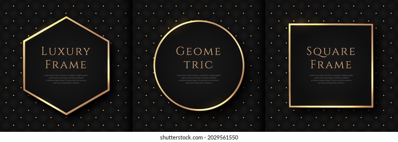 Conjunto de patrones cuadrados negros y dorados abstractos de lujo con diseño geométrico dorado. Colección moderna y mínima de plantillas en negro y oro con espacio de copia. Ilustración del vector