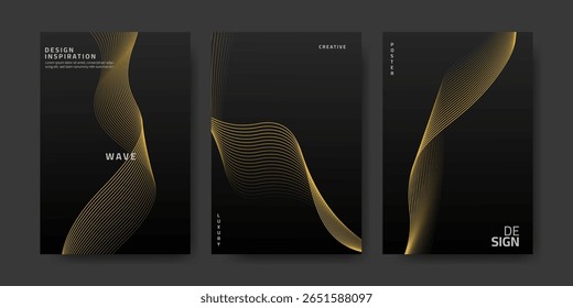 Set of Abstract luxury line wave posters in gold color isolated on black background. Vector design for poster, banner, cover, flayer.