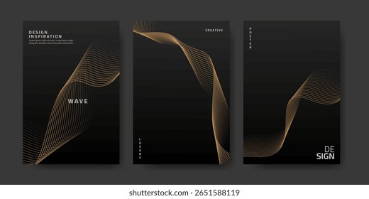 Set of Abstract luxury line wave posters in gold color isolated on black background. Vector design for poster, banner, cover, flayer.