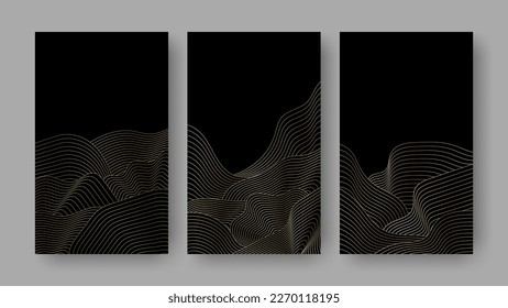 Conjunto de Gradiente de Olas de Oro de la Línea de Lujo Resumen aislado en un fondo oscuro. Ilustración de vectores de alta calidad