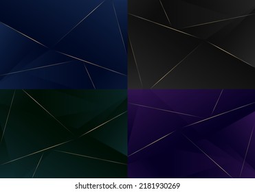 Conjunto de triángulos de polígonos bajos de lujo abstractos con fondo de líneas doradas. Ilustración del vector