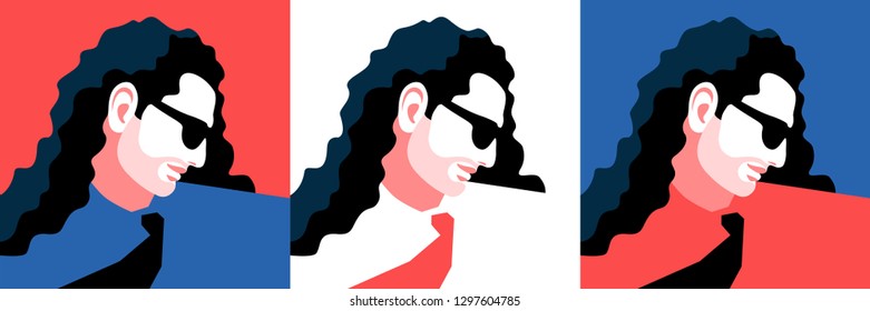 Set of abstract male characters with long hair and sunglasses. Vector illustration