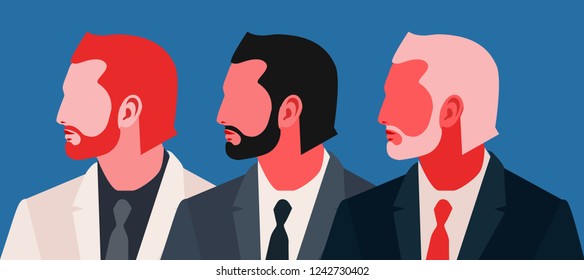 Set of abstract male characters wearing suit and tie. Three portraits of bearded men - blond, brunet and red, side view. Vector illustration