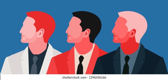 Set Of Abstract Male Characters Wearing Suit And Tie. Three Portraits Of Young Men - Blond, Brunet And Red, Side View. Vector Illustration