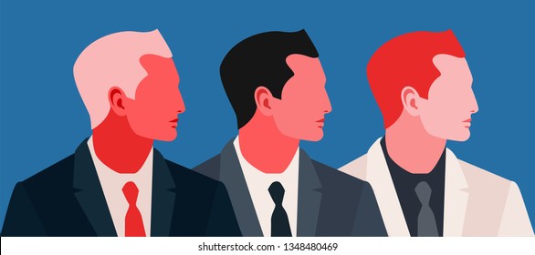 Set of abstract male characters wearing suit and tie. Three portraits of young men - blond, brunet and redhead, side view. Vector illustration