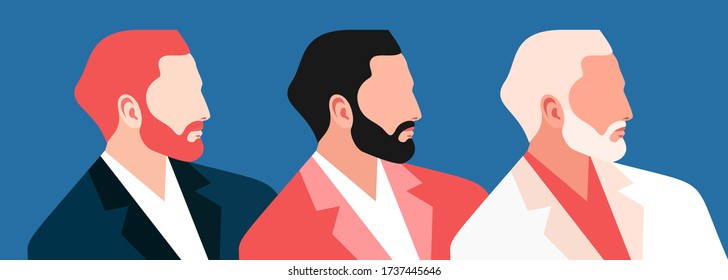 Set of abstract male characters wearing different colors summer suits. Three portraits of bearded men - with red, black and gray hair, side view. Vector illustration