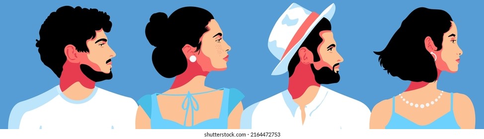 Conjunto de retratos abstractos masculinos y femeninos ilustran la vista lateral. Grupo de Silhouette de hombres y mujeres multiétnicos que hablan y comparten ideas e información. Hombres jóvenes con barba y vestidos de blanco y azul