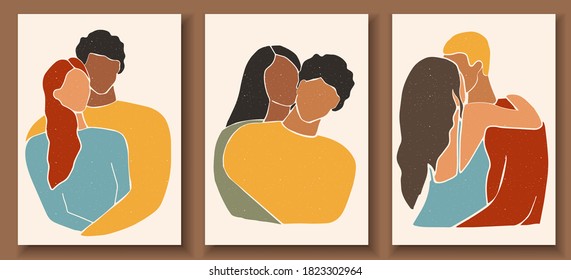 Set of abstract man and female shapes and silhouettes. Abstract couple portraits in pastel colors. Collection of contemporary art posters. Hugging people in love.