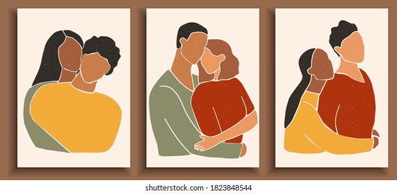 Set of abstract man and female shapes and silhouettes. Abstract couple portraits in pastel colors. Collection of contemporary art posters. Hugging people in love.