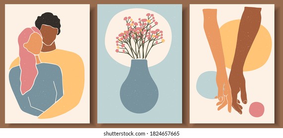 Set of abstract man and female shapes. Abstract couple portraits in pastel colors. Collection of contemporary art posters. Man holding woman's hand with love. Flowers and pot  abstract composition.