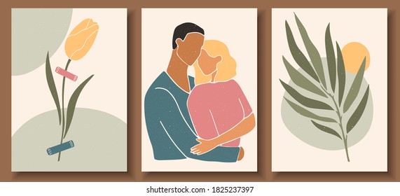 Set of abstract man and female shapes and silhouettes. Abstract couple portraits in pastel colors. Collection of contemporary art posters. Abstract  geometric shapes, leaves and flowers.