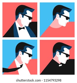 Set of abstract man portraits, side view. Sportsman, businessman, priest and artist. Male characters with different clothes, wearing sunglasses. Vector illustration