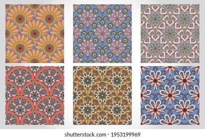 Set of abstract mandala fish scale seamless patterns. Ornamental tile, mosaic backgrounds. Floral patchwork infinity cards. Arabic, Indian, ottoman motifs.