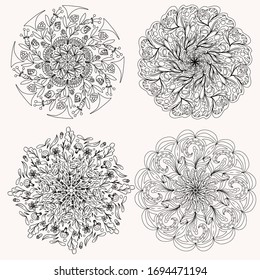 set of abstract mandalas with plants and flowers for coloring, vector, coloring book