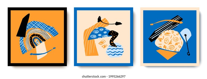 A set of abstract maps with hand-drawn doodles.Hand-drawn details.Cubism.Children's illustration.