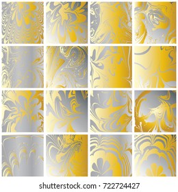 Set of abstract marble backgrounds. Ink marbling textures. Gold and Silver Hand drawn marble illustrations, and silk prints. Traditional technique. Painting on water.