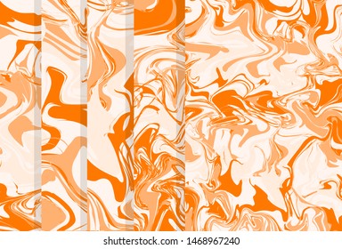 Set of abstract marble patterns, wood texture, watercolor marble patterns. Orange and yellow. Vector background. Trendy textiles, fabrics, wrappers. Aqua ink painting on water