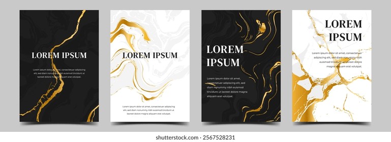 Set of Abstract marble square banner template design. Black and white background with golden accent. Usable for poster, social media post, card, cover