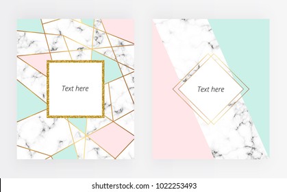 Set abstract marble or stone texture with gold lines and triangles geometric forms with gold and glitter frame. Cream, light blue, pastel pink. Vector trendy geometric posters. 