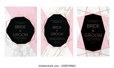 Set of abstract marble textured backgrounds, pink color and rose gold geometric lines. Modern design template for invitation, wedding, greeting card, poster. All elements are isolated and editable
