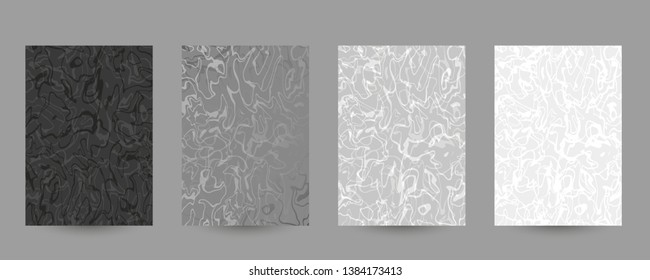 Set of abstract marbled A4 size templates. Monochrome fluid background for posters, banners, flyers, phone covers, web, ads, wedding invitations, cards. Black, grey, white vector texture