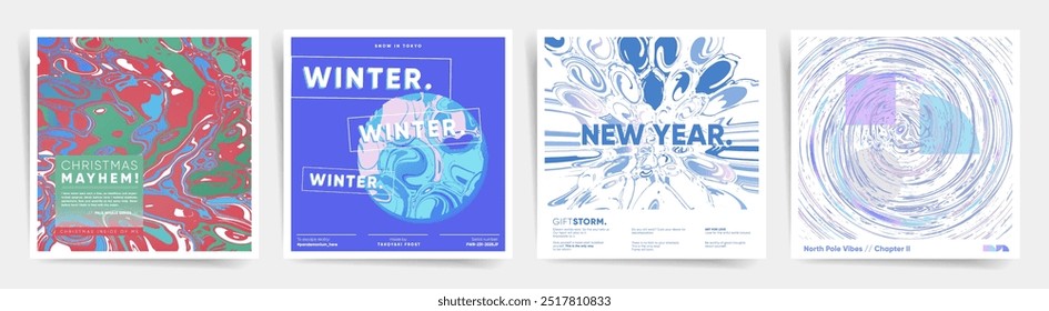 Set of abstract, marbled winter square posters for New Year and Christmas celebrations. Fluid shapes and bold designs for modern holiday branding.