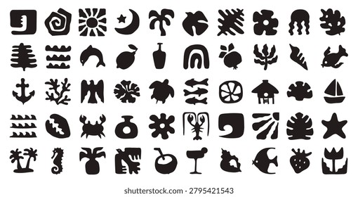 Set of abstract marine elements in boho style. Black silhouettes of plants and animals. Exotic flora and fauna, hand drawn drawings with uneven contours. 100% hand drawn vector file. 