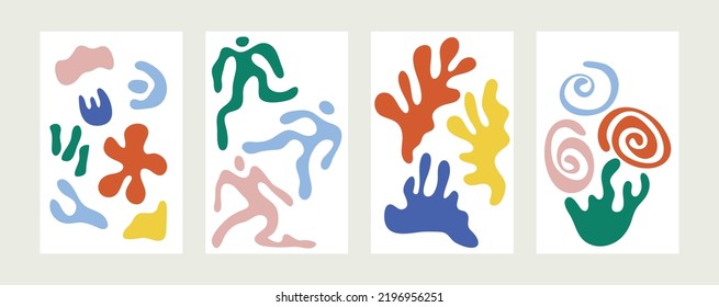 Set of abstract matisse style posters. Modern aesthetic art, minimalist decor, vector, postcard. Organic shapes, slices, people in dance, coral, seaweed, flowers, nature. Colorful flat illustrations.