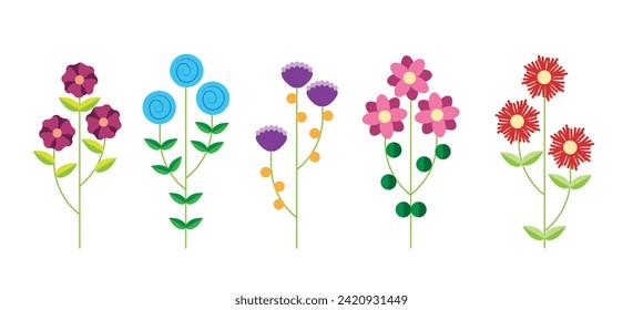 Set of Abstract Meadow Flowers Flat Style. Plants and nature concept vector art