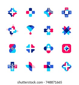 Set of abstract medical or pharmacy logo mark templates or icons with cross