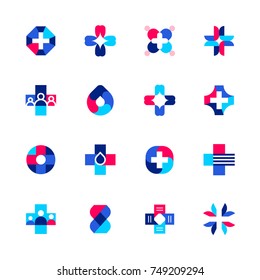 Set of abstract medical or pharmacy logo mark templates or icons with cross