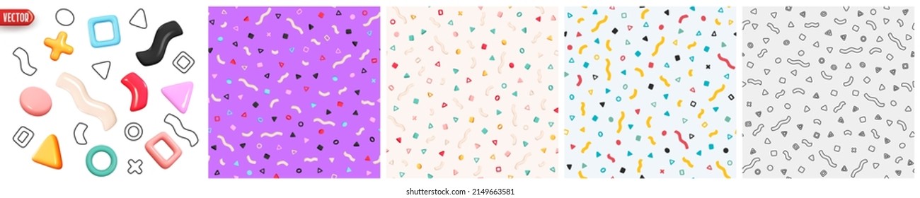Set of Abstract Memphis background. Patterns seamless with realistic 3d geometric design elements. Collection of covers cards. vector illustration