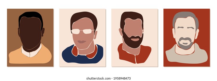 Set of abstract men faces. Stylized human portraits in simple shapes. Diversity in people and ages.