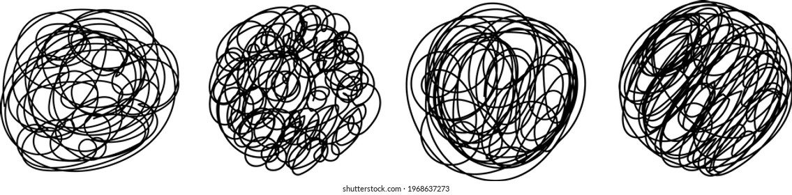 Set of abstract messy circle hand drawn scribble art. Sketch graphic design isolated on white background.
