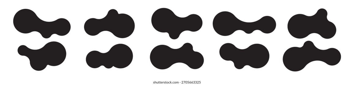 Satz von abstrakten Metaball-Formen mit verbundenen Punkten und Morphing-Blobs. Geometrische Vektorsymbole mit flüssigen, organischen Metaballformen. Vektorgrafik
