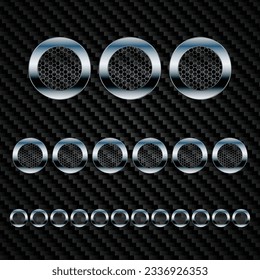 Set of abstract metal rings different sizes isolated on darc carbon background