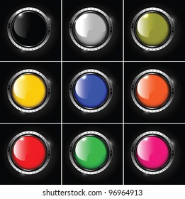 Set of abstract metallic background with round colored glossy banner, vector.