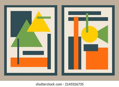 Set of abstract mid century art. Colorful posters with geometric shapes and frames. Design element for wall decoration and social network. Cartoon flat vector illustration isolated on brown background