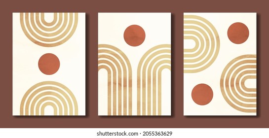 Set abstrakter moderner Plakate aus der Mitte des Jahrhunderts. Minimaler trendiger geometrischer Stil. Pastellfarben. Einfaches Design für Tapeten, Tapeten-Deko, Postkarte, Druck, Banner, Social Media. Vektorgrafik