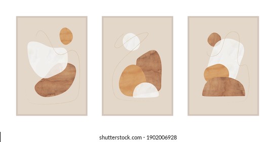 Set of abstract mid century posters. Organic shapes, lines. Pastel beige and brown colors. Earth tones. Minimalist
watercolor style. Design for wallpaper, wall decor, background, cover, print, card