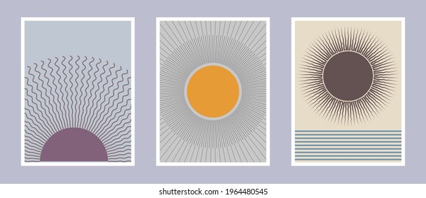 Set of abstract mid century posters composition vector design. Modern boho minimalist art. EPS10 vector illustration. Sun and water concept.