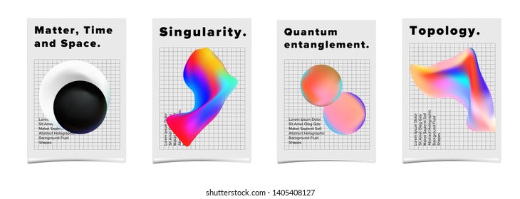 Set of abstract minimal bright futuristic vector posters for science event. Vibrant fluid neon holographic 3d solids of matter, Geometric oily rainbow chromatic shapes on black grid wireframe.