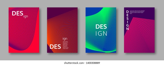 Set of abstract minimal cover designs with geometric patterns. Halftone effect. Gradient orange, red, purple, blue colors. Vector illustration.