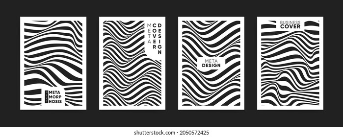 Set of abstract minimal cover designs with geometric wave pattern. A4 vertical background. Black and white colors. Vector illustration.