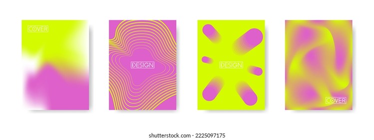 Set of abstract minimal covers design on bright violet and acid colors. Future geometric patterns. Colorful illustration on vertical A4 format. Mesh gradient, dynamic lines and 3d shapes. Original com