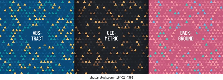 Set of abstract minimal design, Geometric pattern on black, pink and blue background. Seamless triangle design. Simple flat trendy color design for presentation, flyer, brochure, website. Vector EPS10