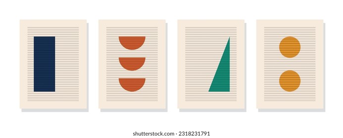 Set of abstract minimal element vector wall art with horizontal lines on medieval colored background. Perfect for wall hangings, art prints, postcards, posters and brochure covers.
