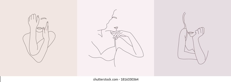 Set of Abstract minimal female figure in underwear. Vector fashion illustration of the female body in a trendy linear style. Elegant art. For posters, tattoos, logos of underwear stores